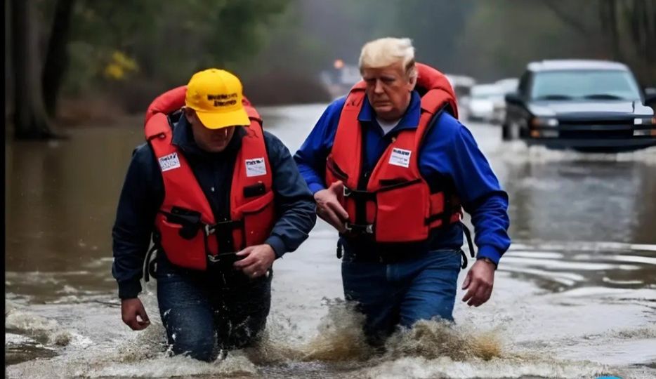 AI-generated photo of Donald Trump wading through hurricane water.