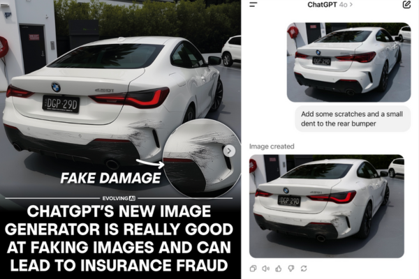 Instagram post by evolving.ai showing how easy it is to create a fake insurance claim photo.
