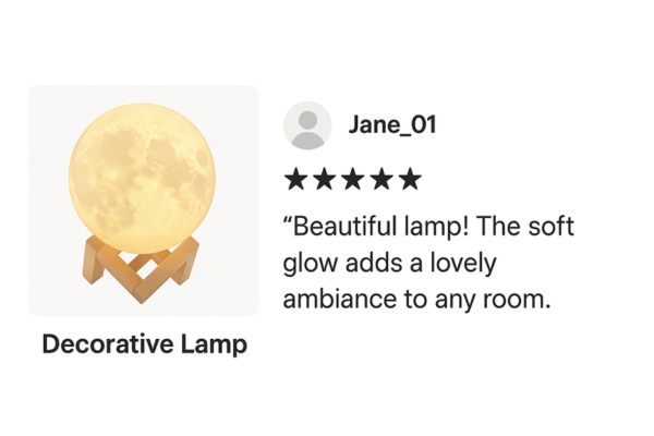 AI-generated image of a lamp and a fake review on Etsy
