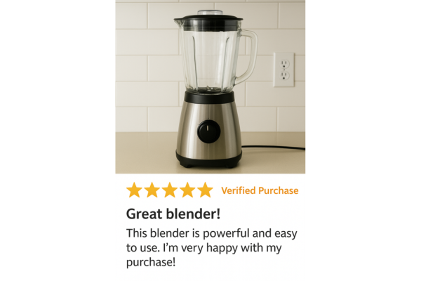 Fake photo of a blender along with a review on Amazon